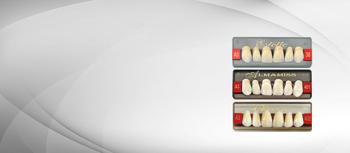 Zęby akrylowe: trójwarstwowe WIEDENT Estetic, trójwarstwowe Almamiss, dwuwarstwowe Classic 